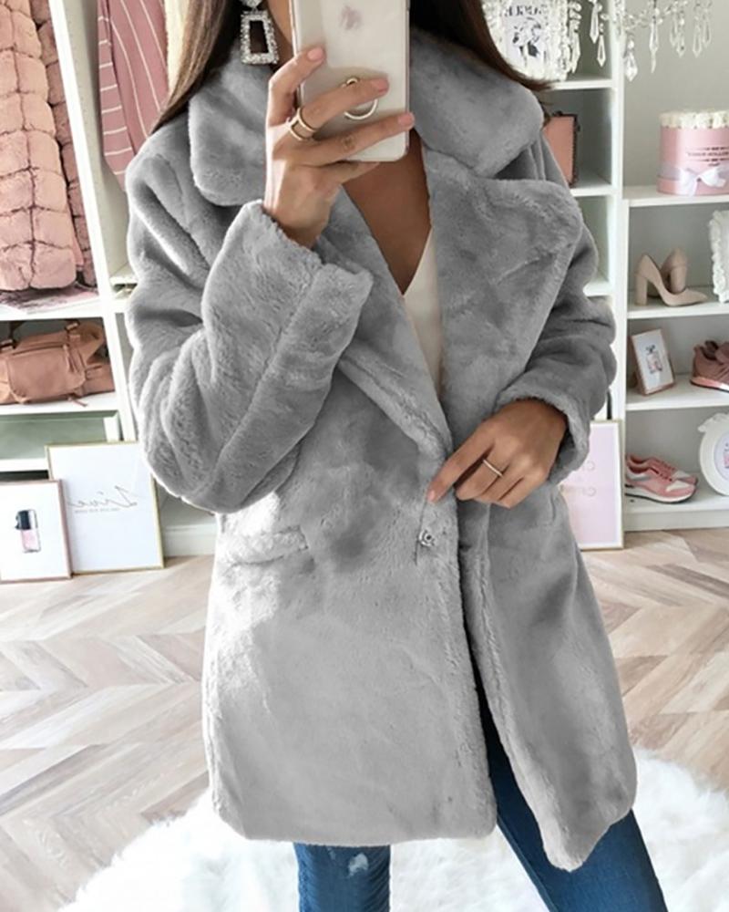 

Long Sleeve Pocket Design Faux Fur Coat, Gray