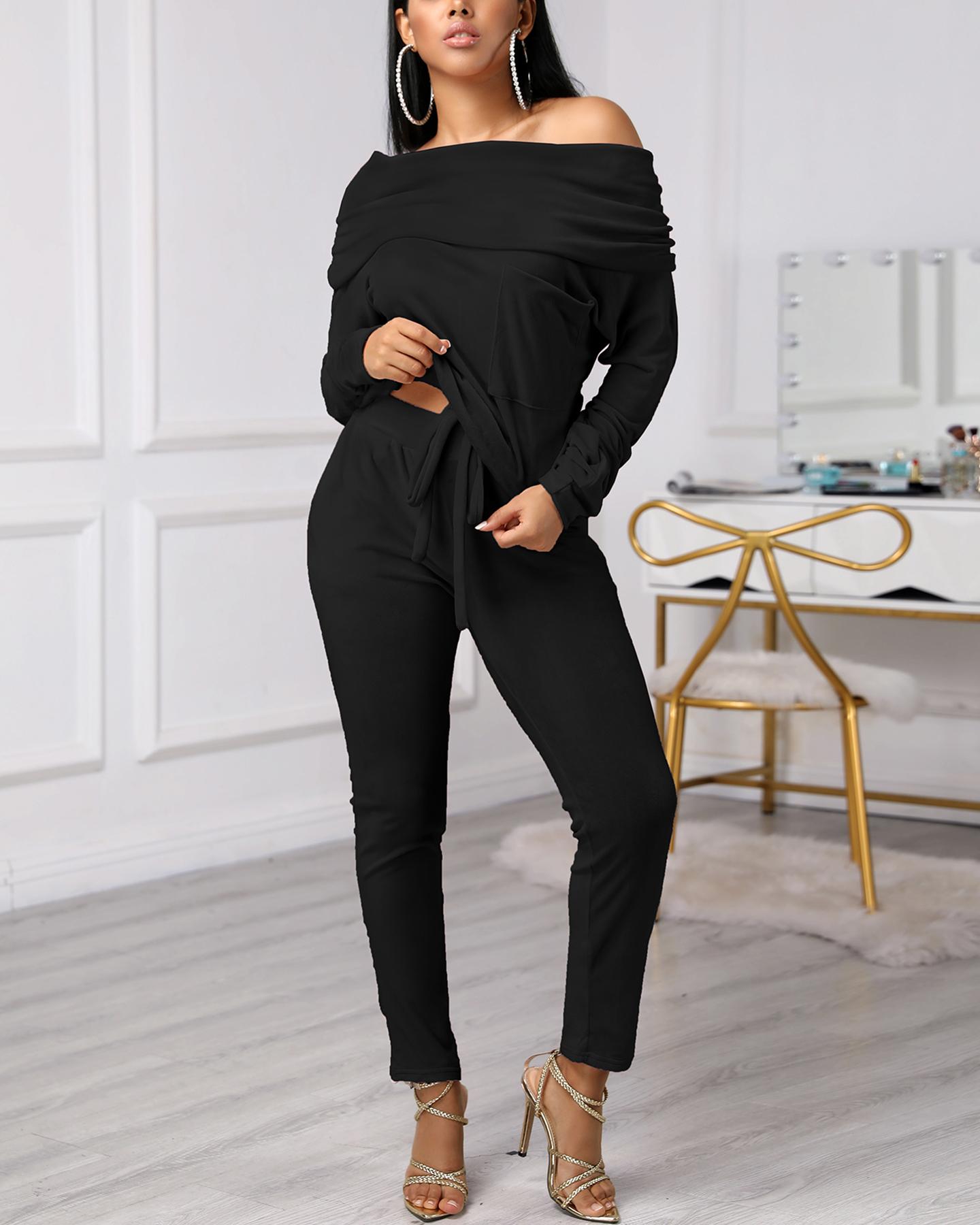 

Velvet Off Shoulder Ruched Top & Drawstring Pant Sets, Black