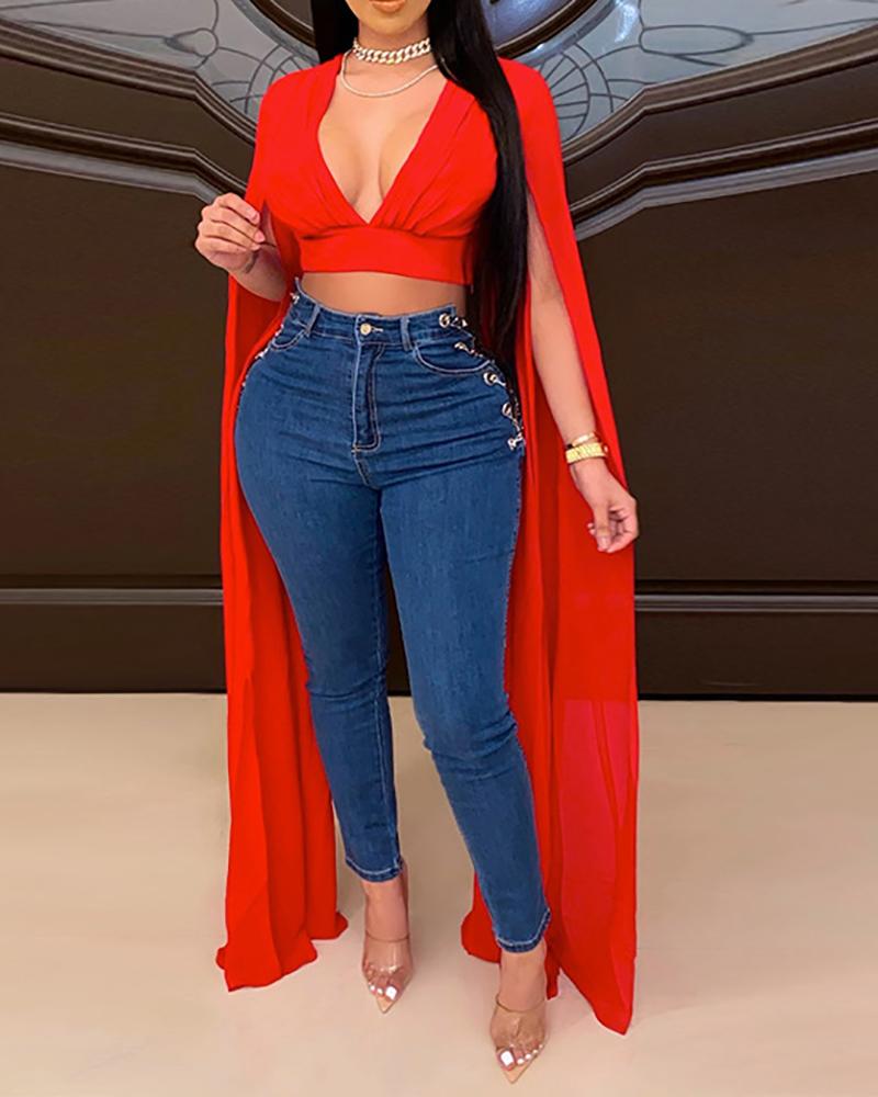 

Plunge Plain Dip Hem Skinny Top, Red