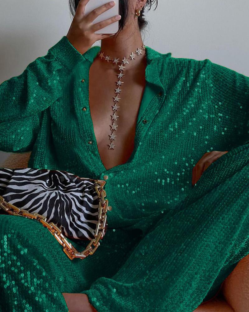 

Long Sleeve Buttoned Sequin Shirt, Green