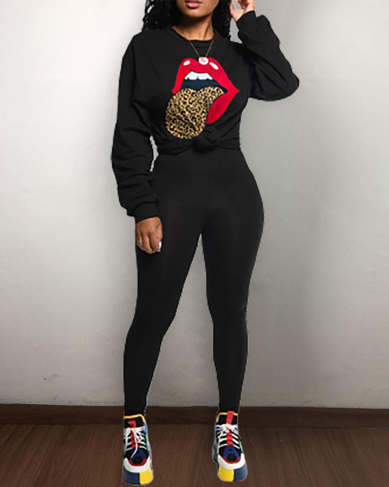 

Leopard Lip Print Long Sleeve Top & Pants Set, Black