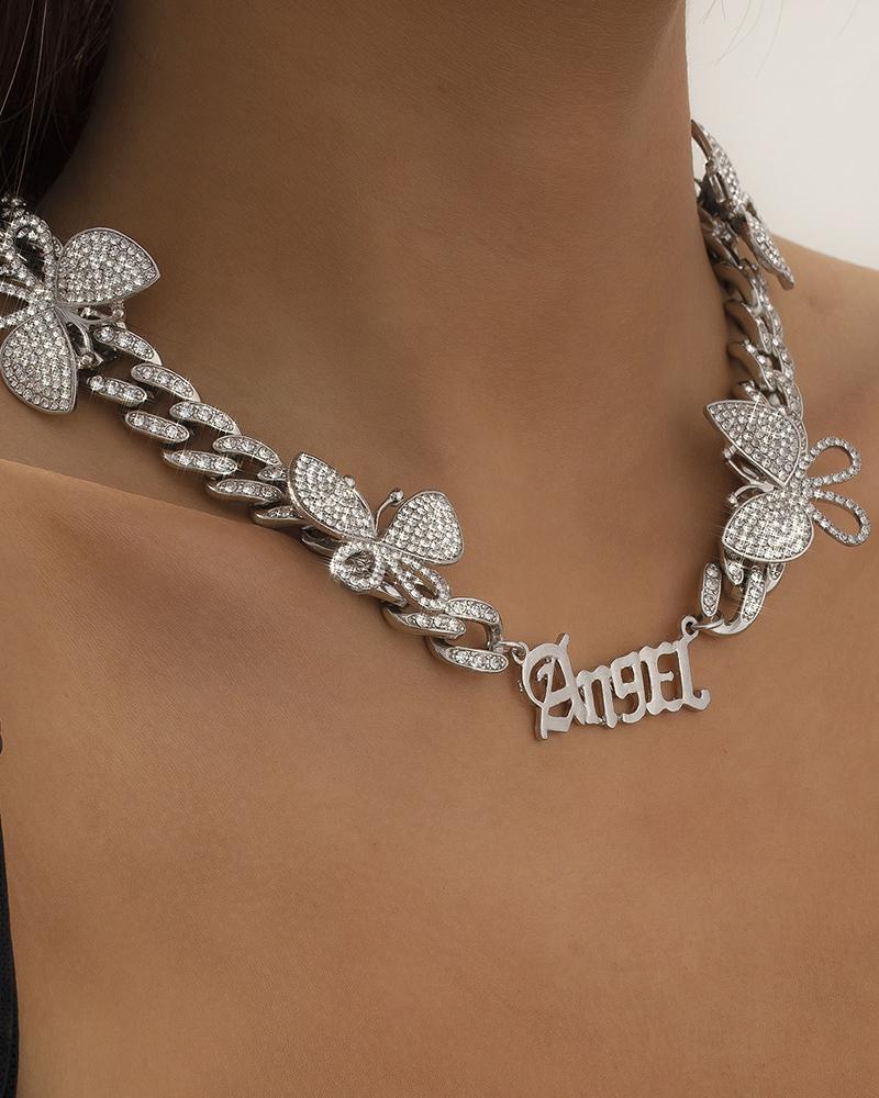 

Letter Butterfly Pattern Studded Decor Chain Necklace, Silver