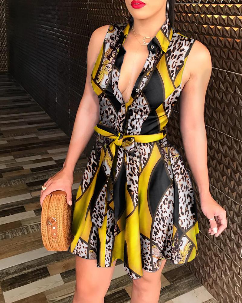 

Floral Print Sleeveless V-Neck Tie Waist Shirt Dress, Yellow