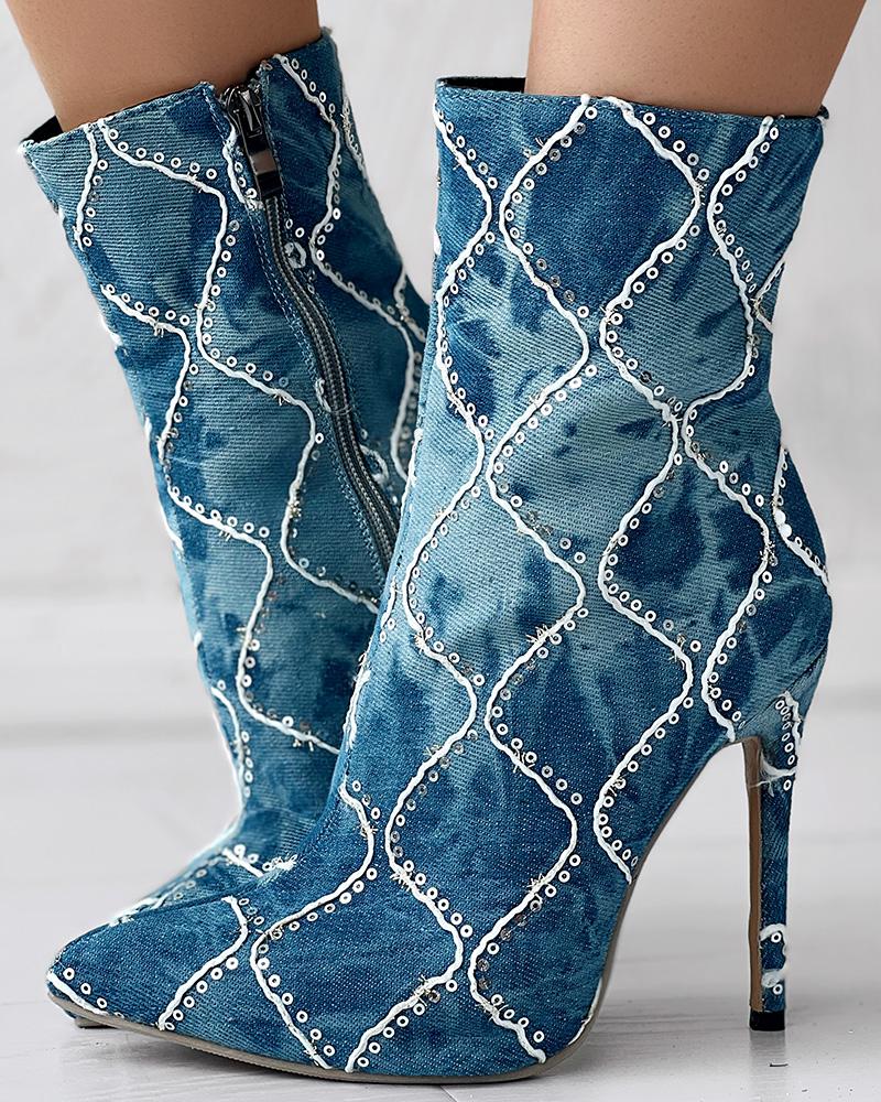 

Contrast Sequin Side Zipper Stiletto Heel Ankle Boots, Light blue