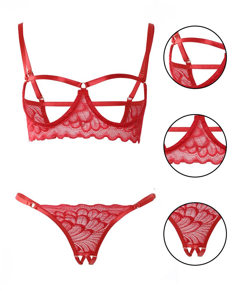 

Crochet Lace Cutout Open Breast Crotchless Lingerie Set, Red