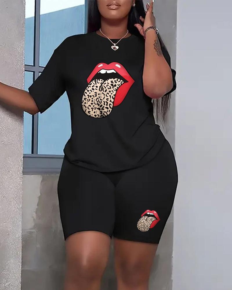 

Leopard Lip Print Casual Top & Shorts Set, Black