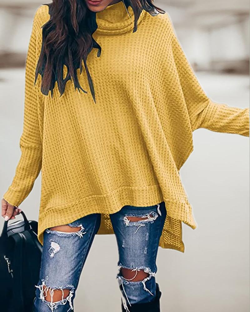 

High Neck Asymmetrical Slit Waffle Knit Sweater, Yellow