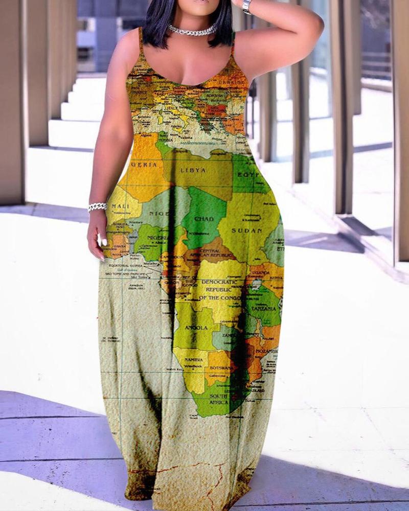

Plus Size Map Print Spaghetti Strap Maxi Dress, Green