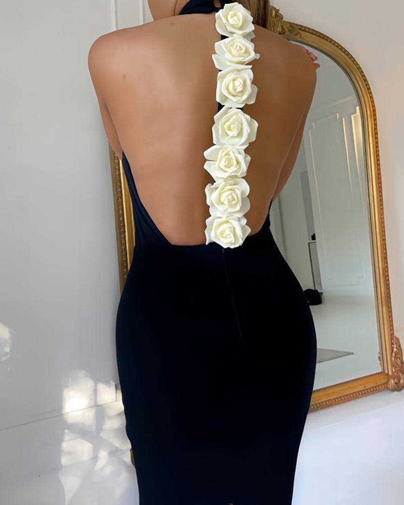 

Rose Detail Mock Neck Sleeveless Backless Bodycon Party Dress, Black