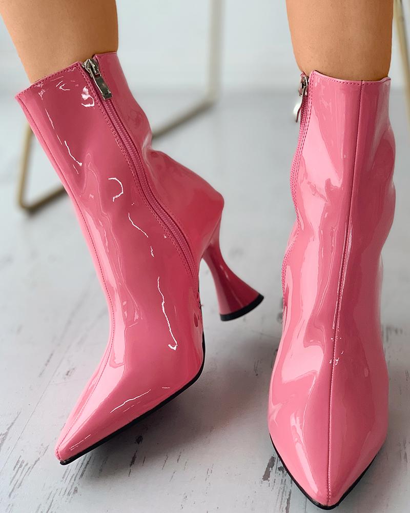 

Zipper Design Pointed Toe Pyramid Heeled Boots, Pink