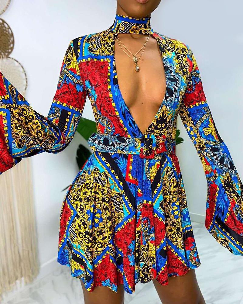 

Retro Print Cut Out Plunge Long Sleeve Dress, Blue