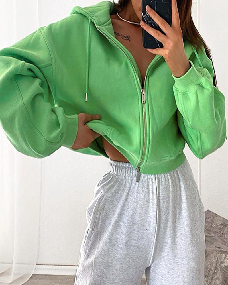 

Zipper Design Long Sleeve Hooded Sweatshirt, Green