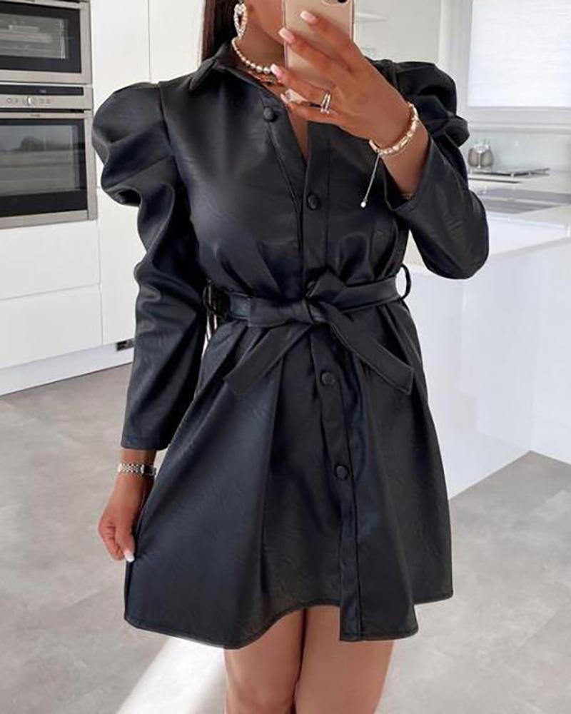 

Puff Sleeve PU Leather Buttoned Dress With Belt, Black