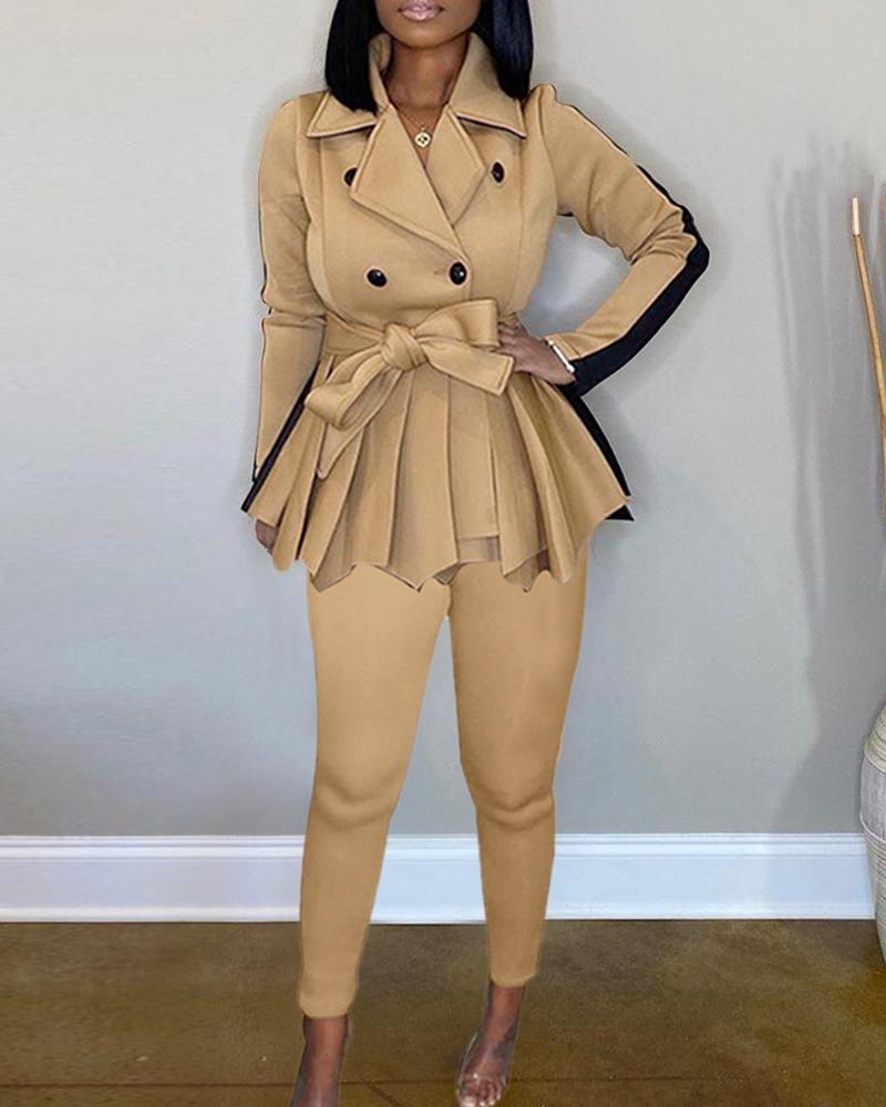 

Colorblock Double Breasted Ruffles Hem Blazer Coat & Pants Set, Khaki