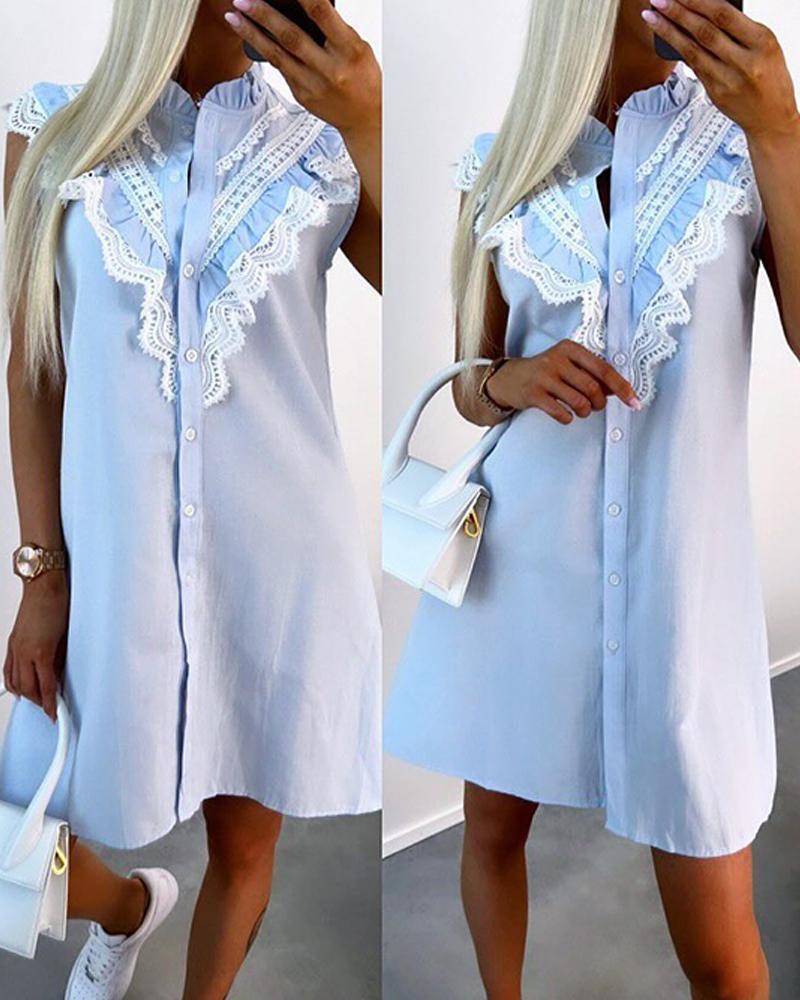 

Lace Trim Frill Hem Casual Dress, Lighted blue