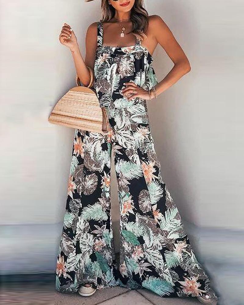 

Floral Print Strap Straight Top & Pants Set, Style1