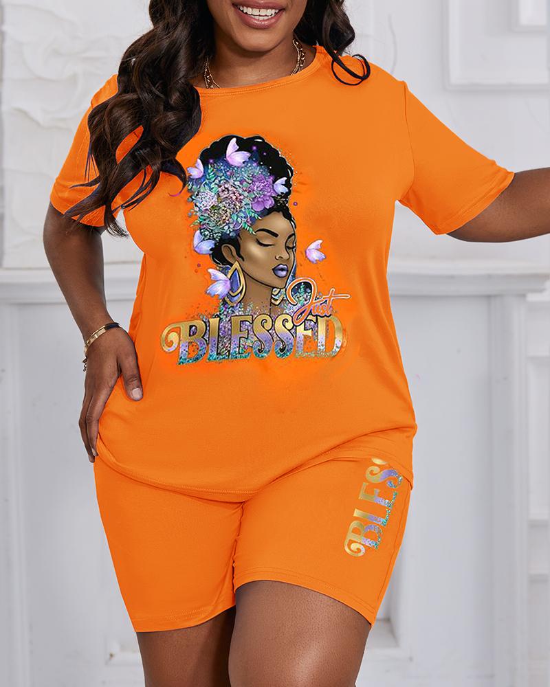 

Plus Size Just Blessed Figure Print Casual T-shirt & Shorts Set, Orange