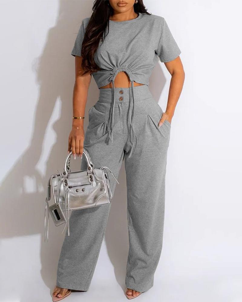 

Round Neck Drawstring Crop Top & Buttoned Pants Set, Gray