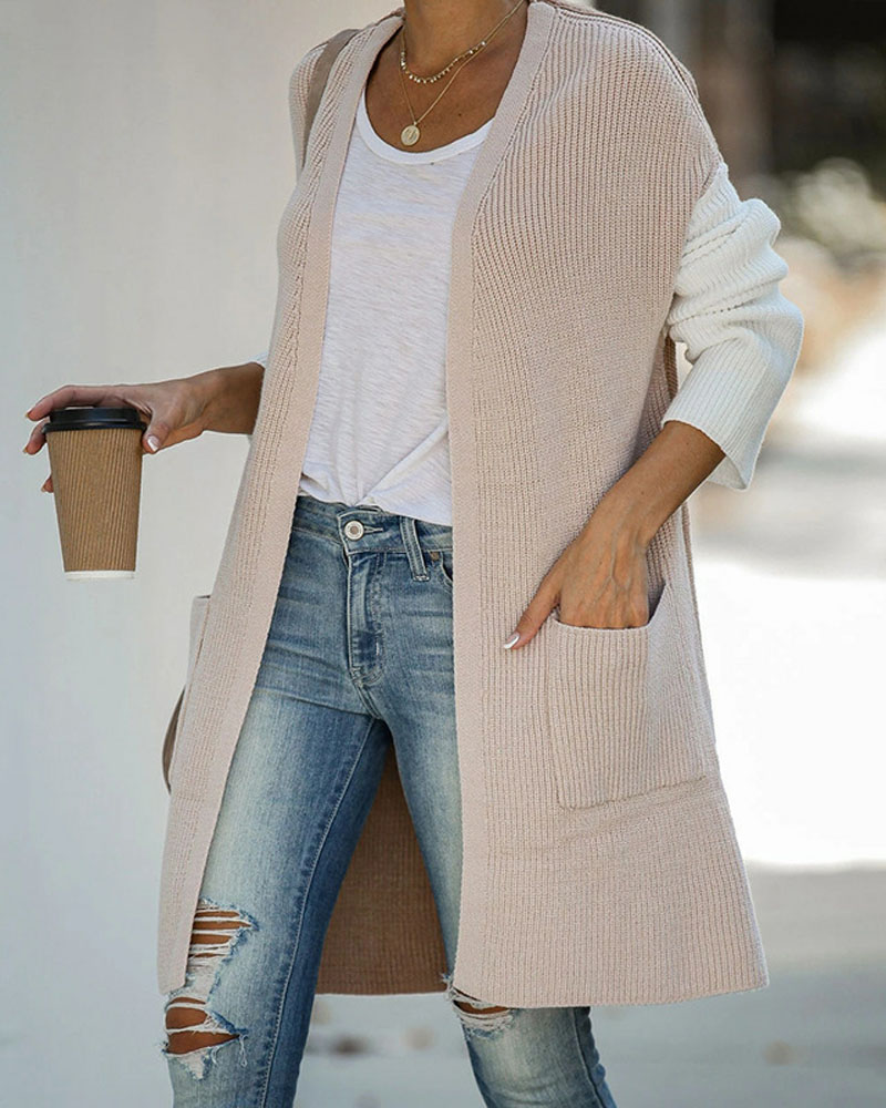 

Color Block Open Front Pocket Detail Cardigan, Khaki