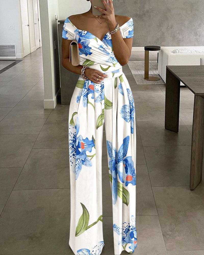

Combinaison à imprimé floral, épaules dénudées, froncée, décontractée, extensible, jambe large, Blue