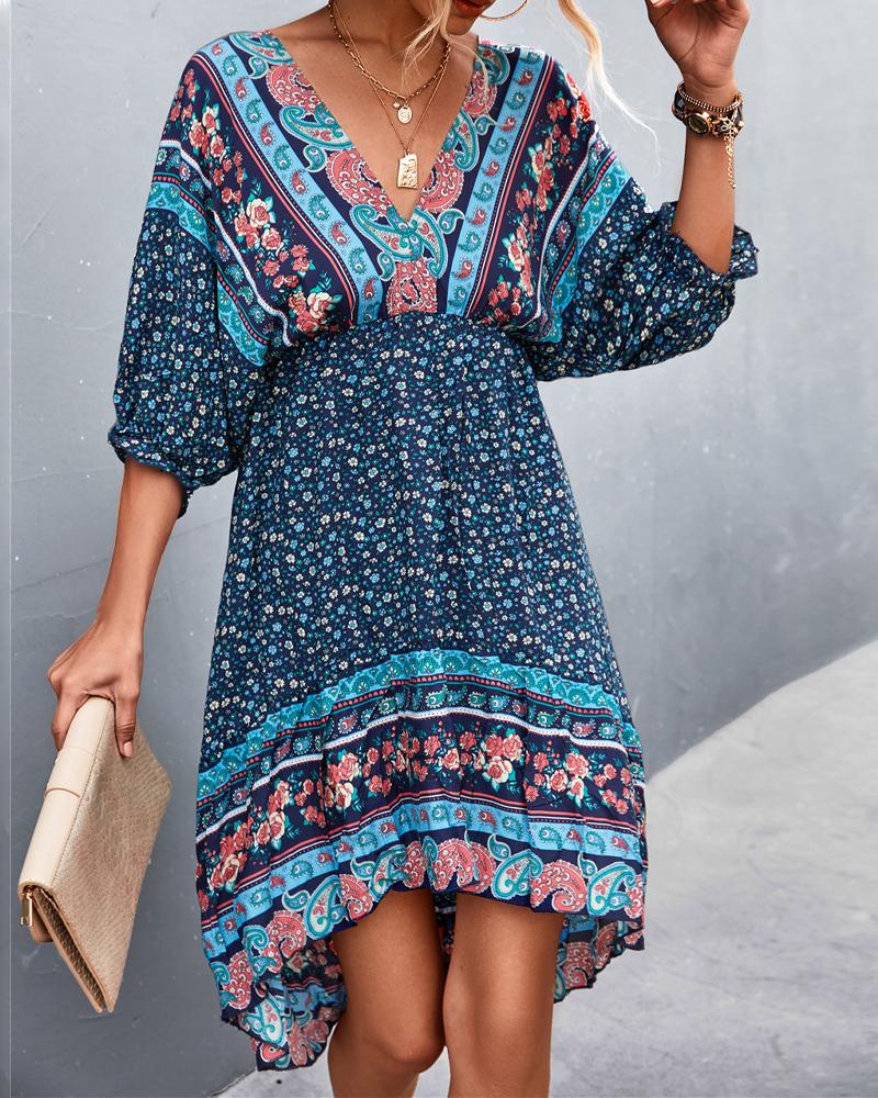 

Paisley Ditsy Floral Print Dip Hem Casual Dress, Purplish blue