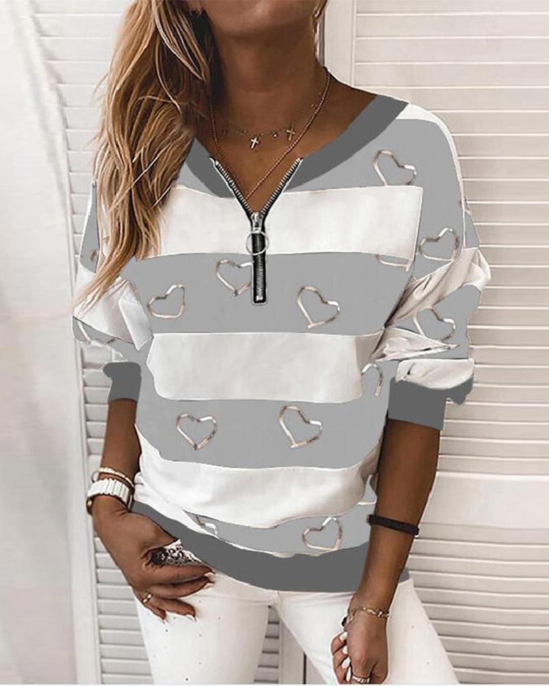 

Heart Striped Print Colorblock Zipper Design Top, Gray