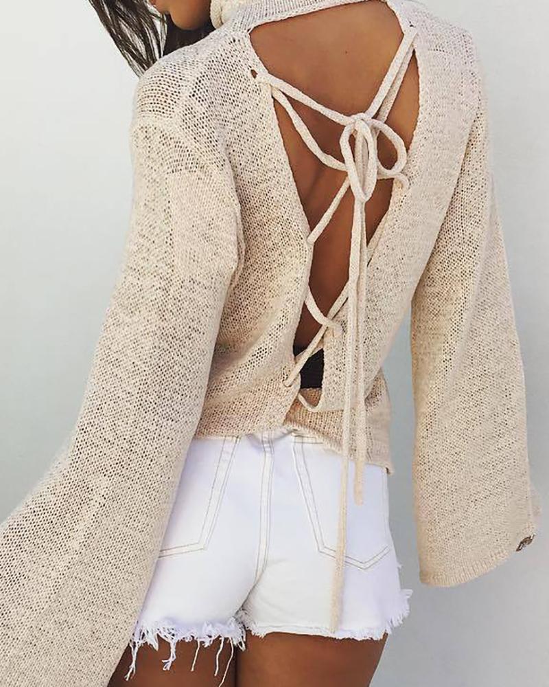 

Tied Detail Backless Bell Sleeve Sweater, Beige