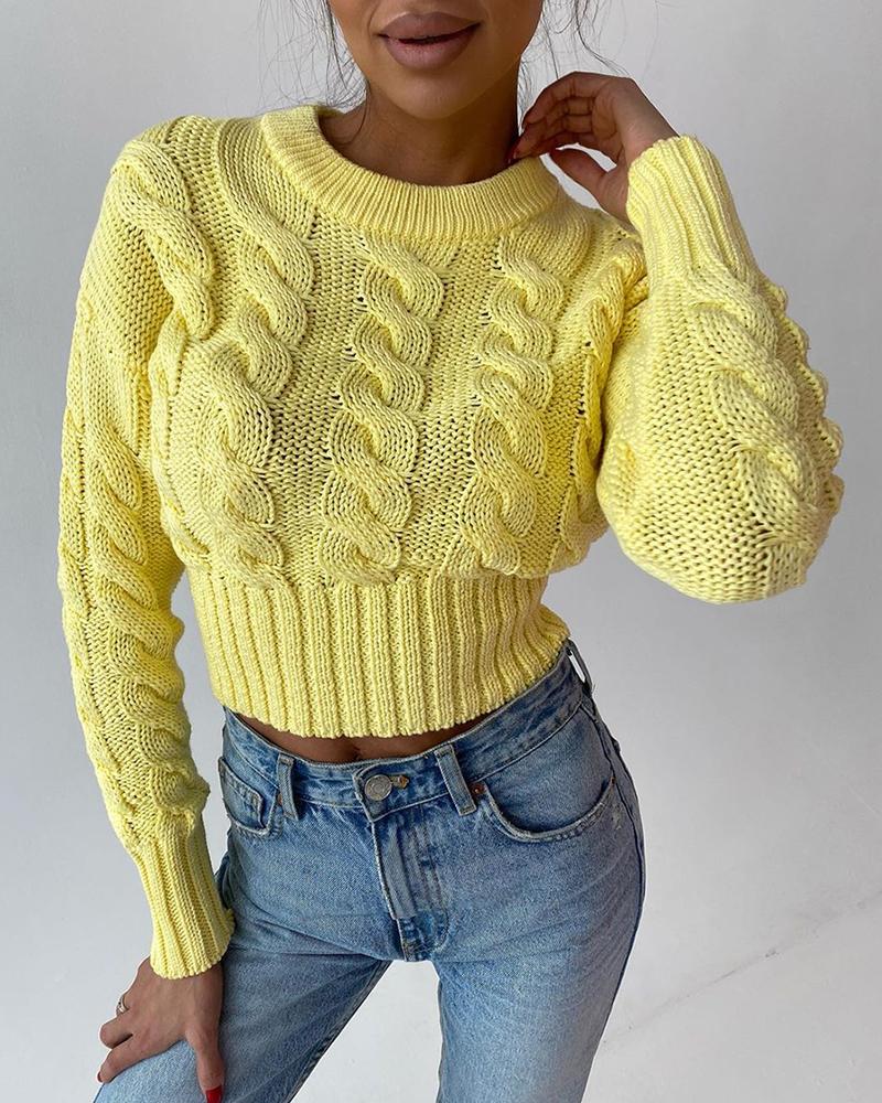 

Braided Long Sleeve Knit Crop Sweater, Yellow