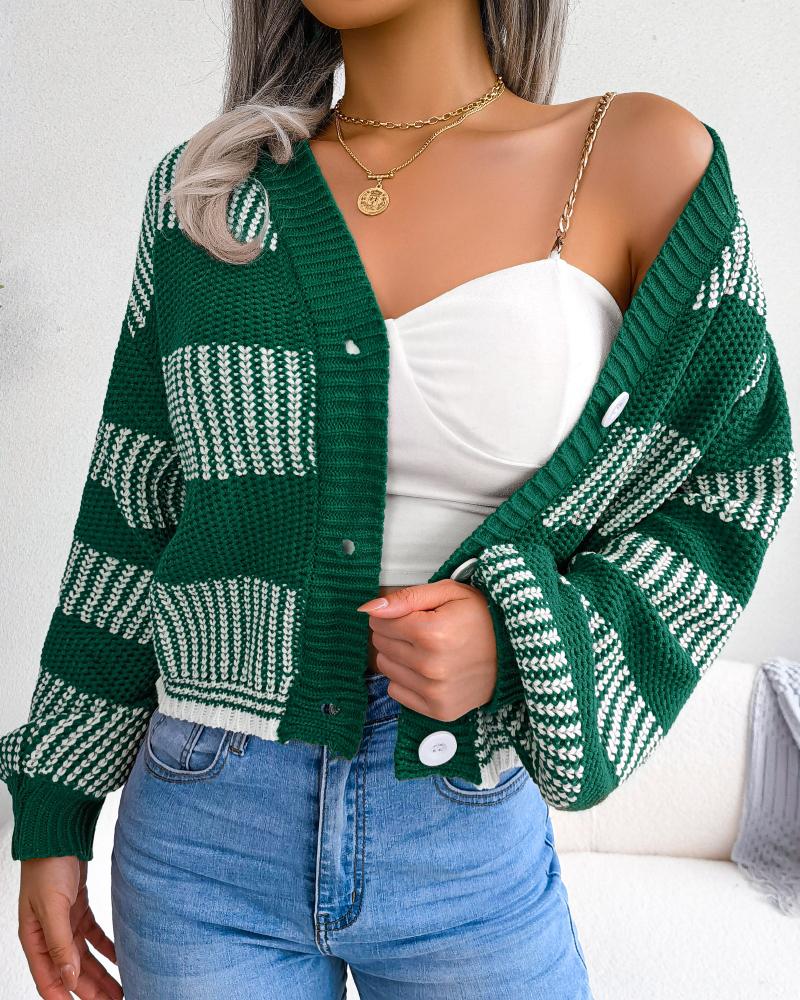 

Lantern Sleeve Contrast Paneled Buttoned Cardigan, Green