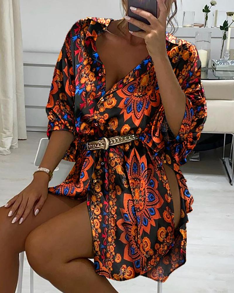

Retro Print High Slit Buttoned Shirt Dress, Multicolor