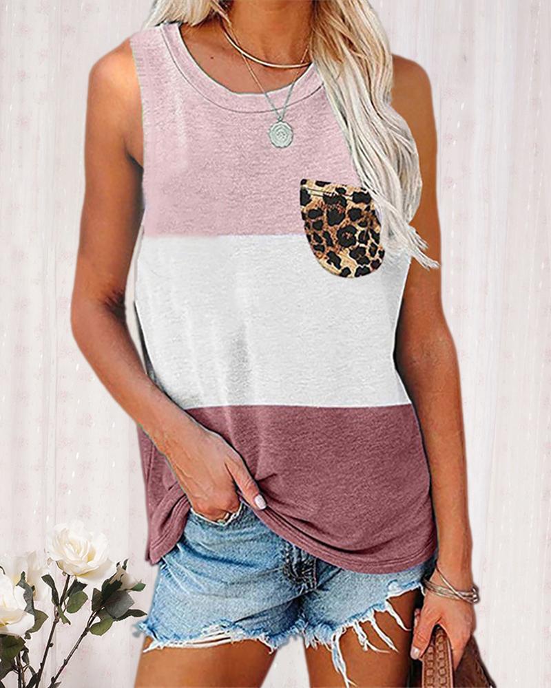 

Leopard Print Colorblock Pocket Design Tank, Pink