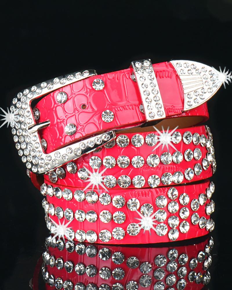 

Rhinestone Decor Buckled PU Leather Belt, Hot pink