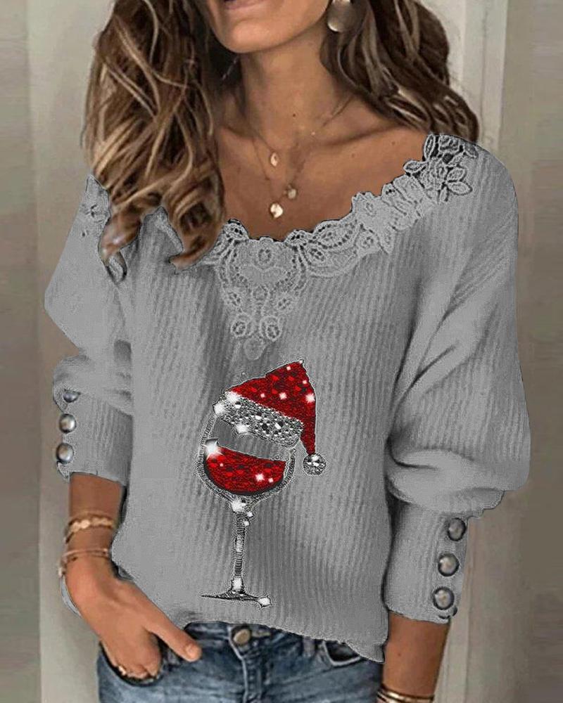 

Christmas Wine Glass Print Lace Patch Long Sleeve Top, Gray