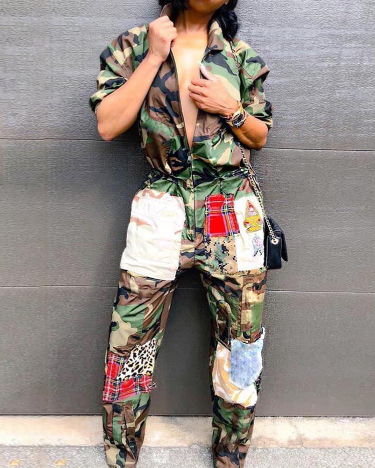 

Camo Print Zipper Design Jumpsuits, Army green