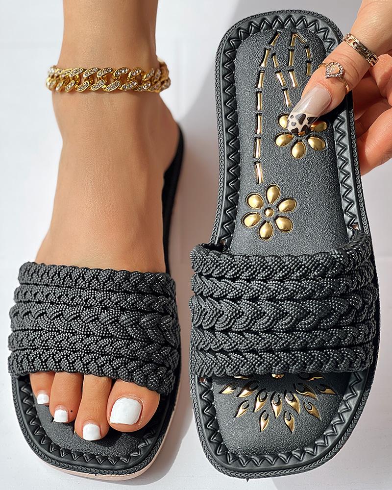 

Floral Pattern Braided Strap Beach Slippers, Black