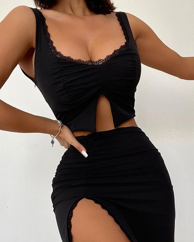 

Solid Strap Sleeveless Skinny Slit Tanks With Slit Mini Skirts Skirt Sets, Black
