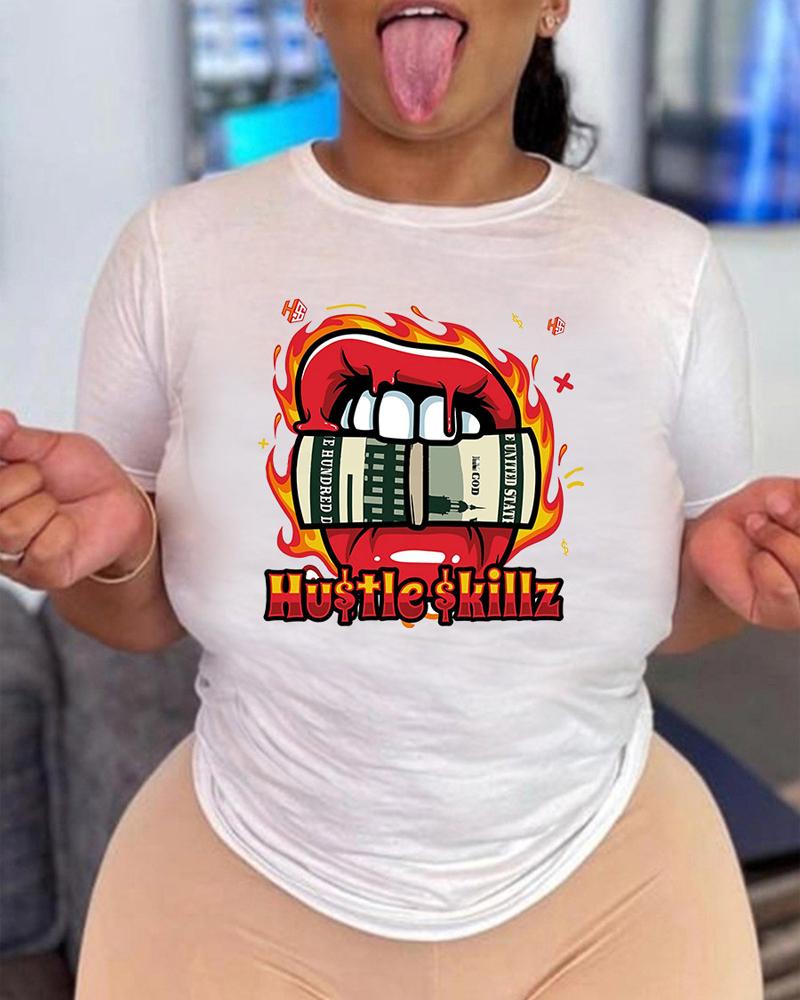 

Plus Size Lip Dollar Print Short Sleeve Casual T-shirt, White
