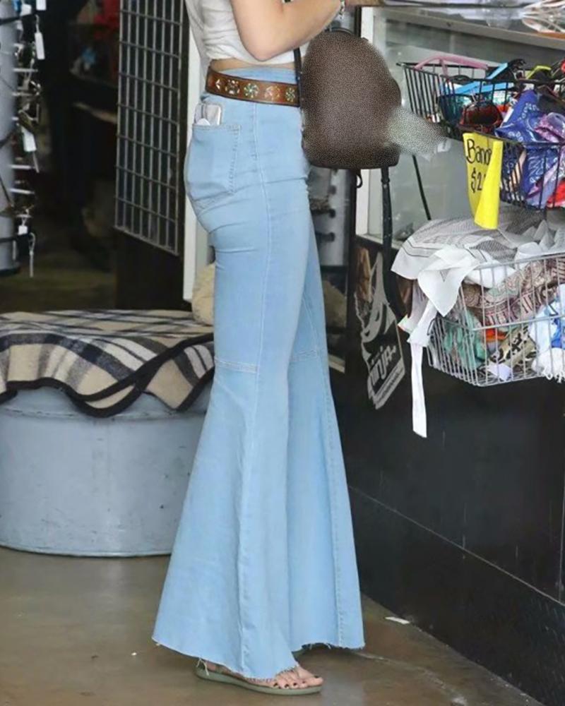 

High Waisted Single Button Bootcut Jeans, Light blue