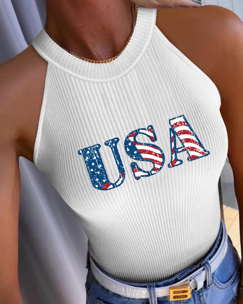 

Independence Day USA Flag Print O-Neck Tank Top, White