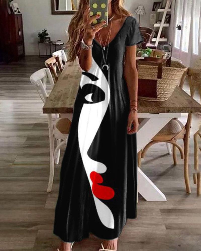

Abstract Figure Print V-Neck Maxi Dress, Style1