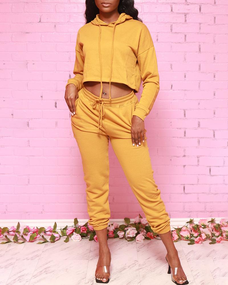 

Long Sleeve Hooded Sweatshirt & Pocket Design Pants Set, Yellow