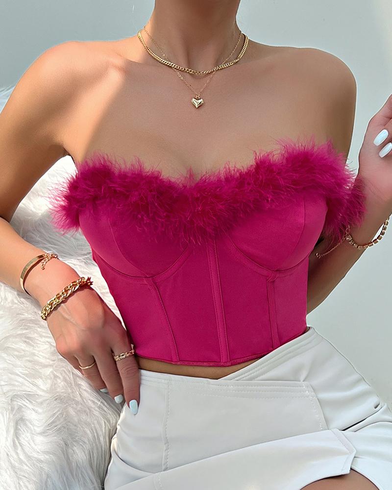 

Feather Decor Fishbone Corset Top, Hot pink