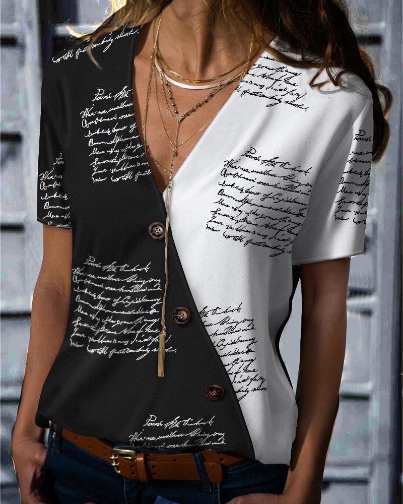 

Letter Print Colorblock Button Decor Top, Blackwhite