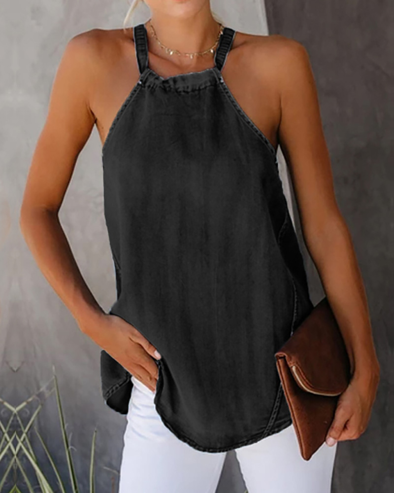

Halter Denim Casual Tank Women Top, Black