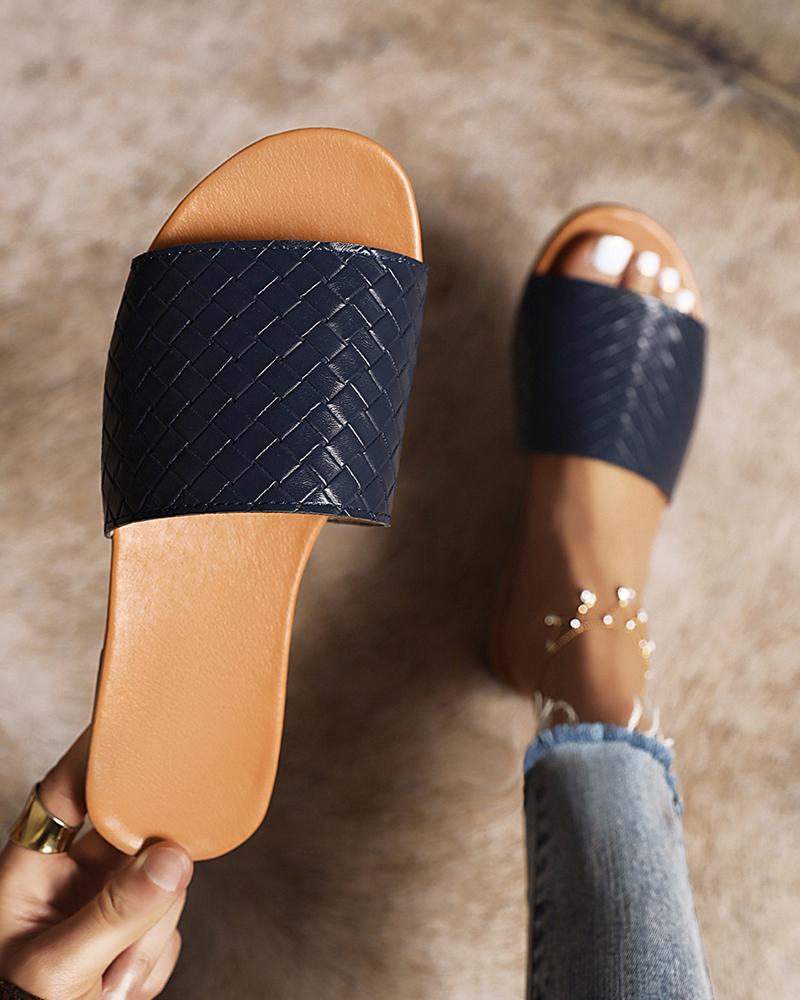 

Round-toe Solid Color Weave Flat Slippers, Black