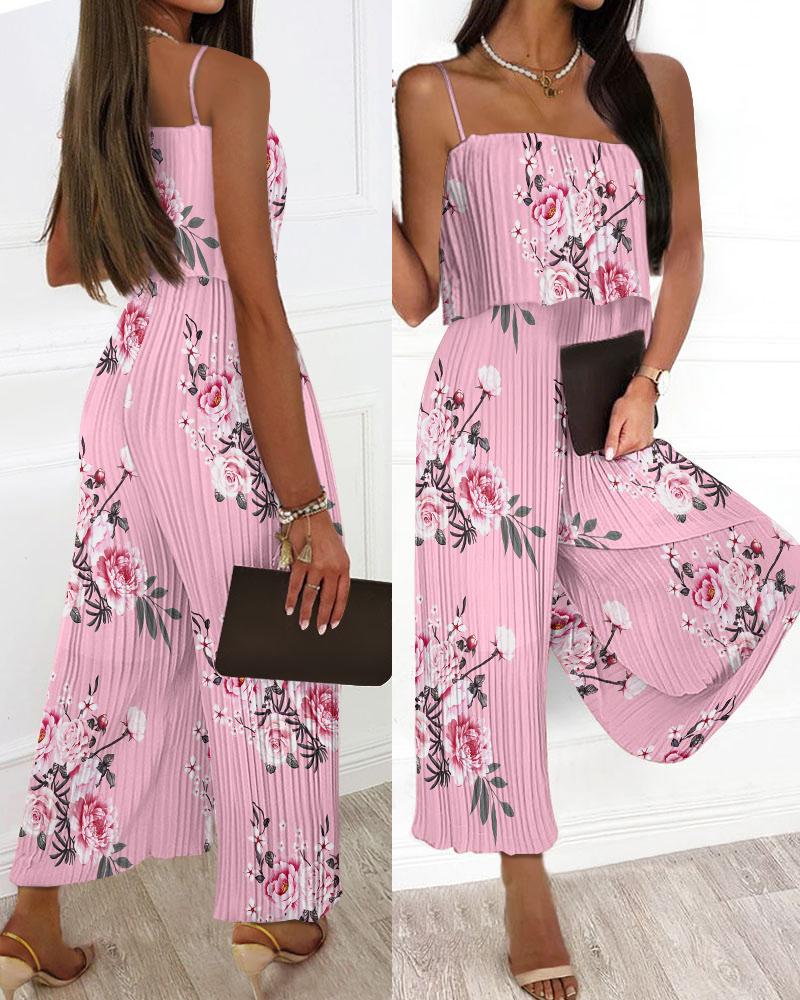 

Floral Print Ruffle Hem Pleated Wide Leg Jumpsuit, Pink