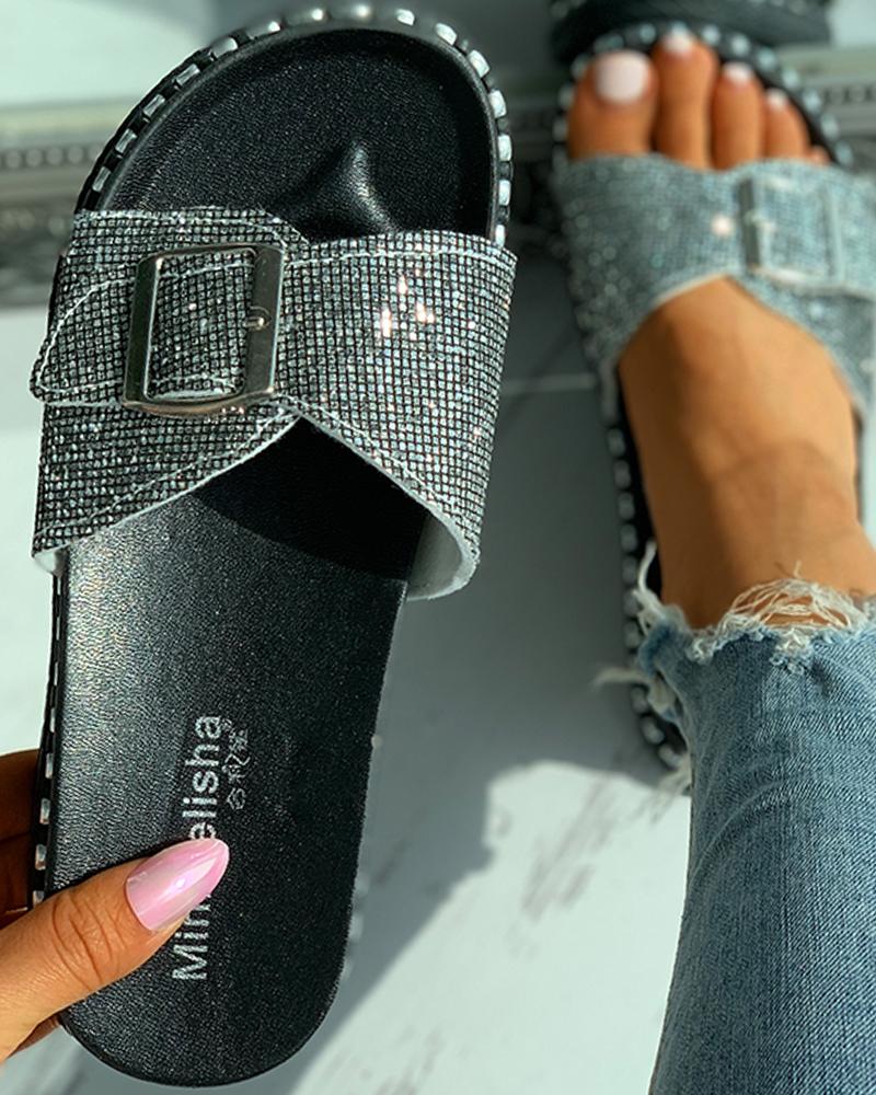

Glitter Rhinestone Buckled Slippers, Silver