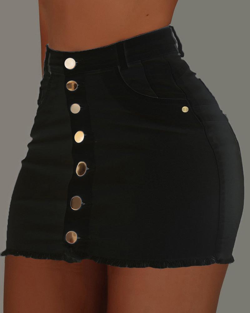 

Buttoned Fringe Hem Casual Denim Skirts, Black