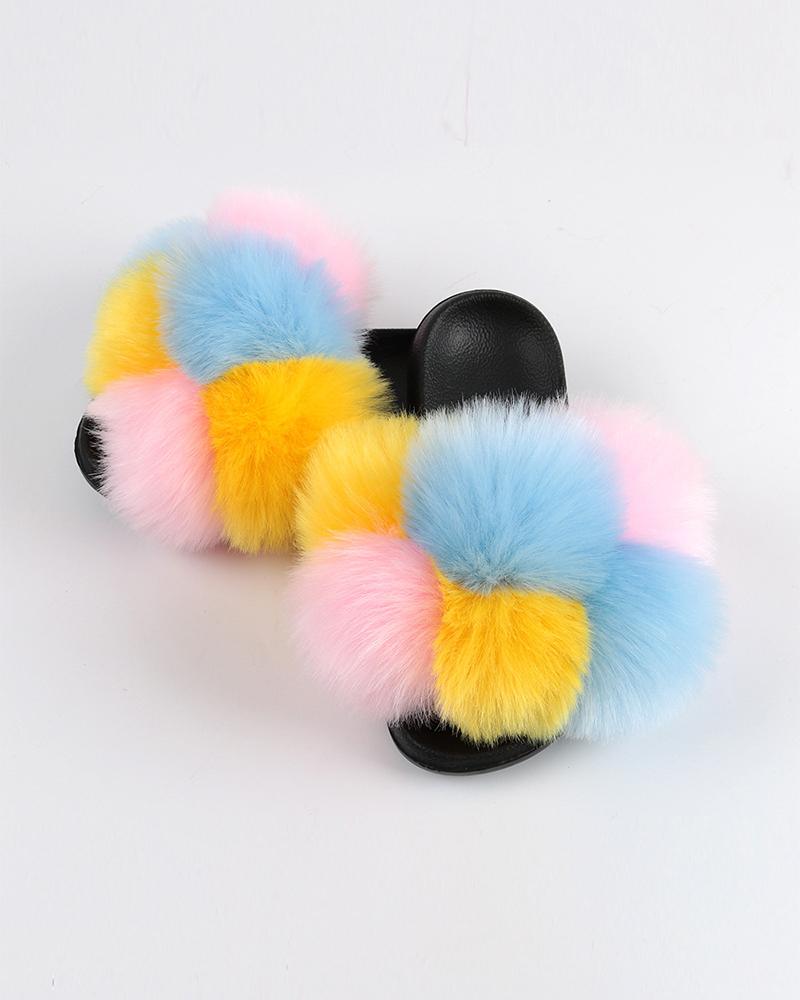 

Multicolor Fluffy Balls Upper Flat Sandals, Style2