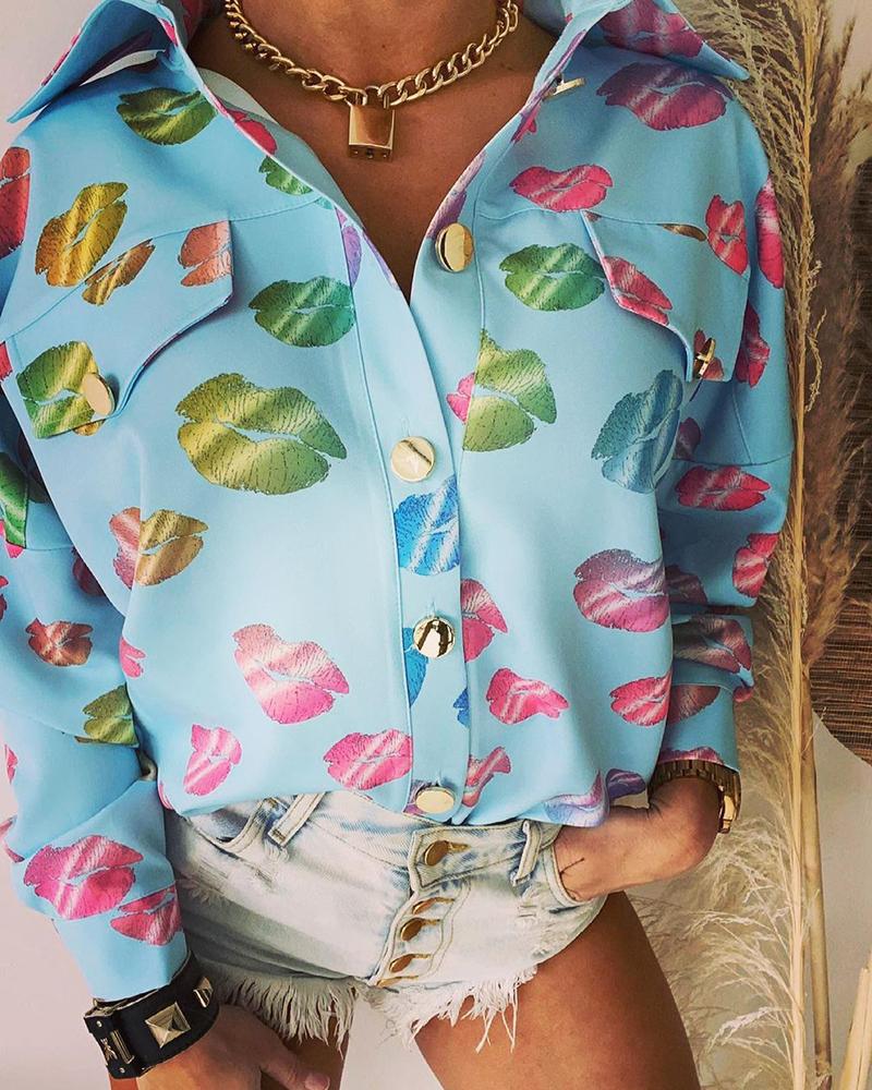 

Lip Print Buttoned Pocket Design Casual Shirt, Blue